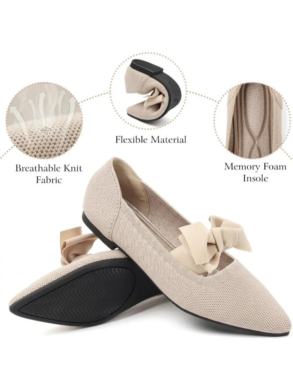 Women's Beige Comfortable Knit Washable Pointed Toe Pull-On Ballet Flat Shoes